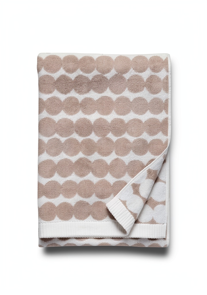 Marimekko Beige Räsymatto bath towel displayed in a modern bathroom setting