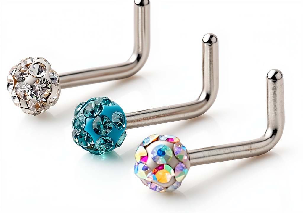 Close-up of Ruifan Surgical Steel L-Shaped Nose Bone Stud Piercing showing the crystal gem and L-bend detail