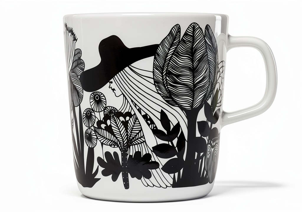 Marimekko Cityscape Mug on a wooden table with coffee
