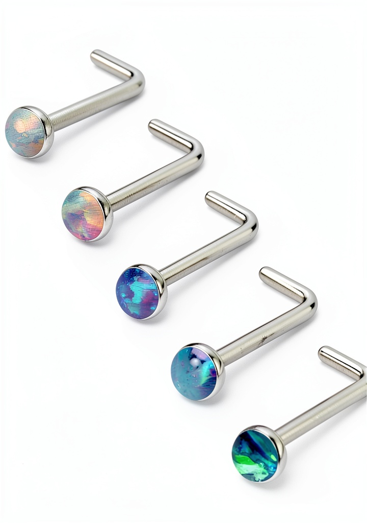 Ruifan titanium nose rings with mix-colour opal tops displayed on a velvet tray