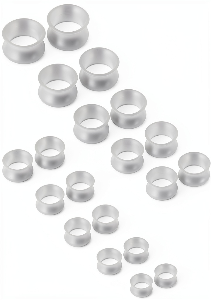 Ruifan Silicone Ear Tunnels size progression from 6g to 20mm laid out on a dark surface