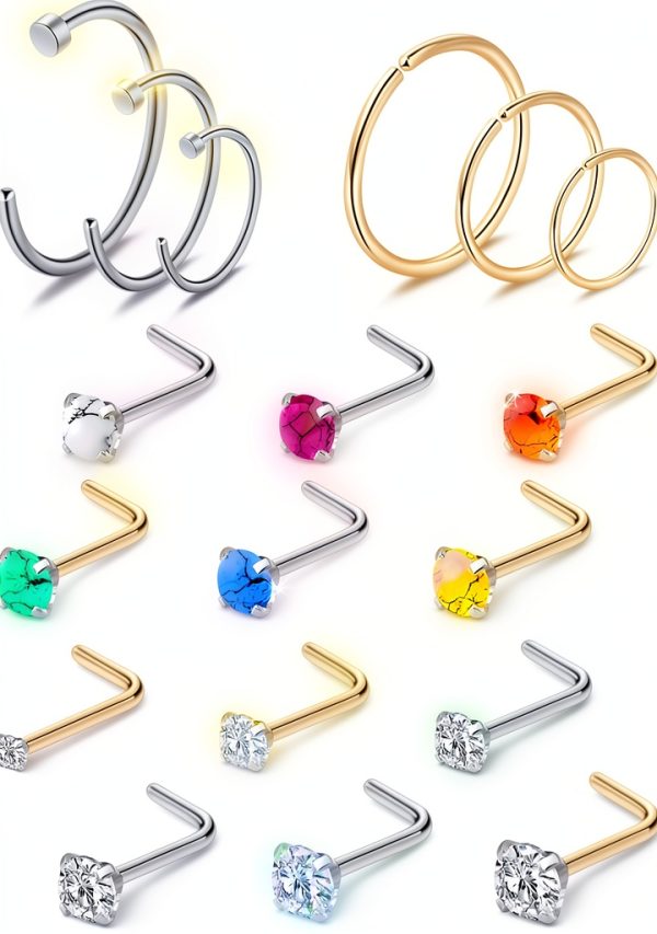Ruifan Diamond Nose Studs L Shaped Hoop Rings Piercing