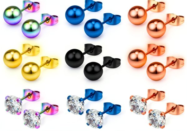 Ruifan 20G Stainless Steel Ball Stud Earrings 12 Pairs Mix