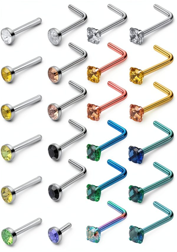 Ruifan 24PCS 22G Stainless Steel Diamond CZ Nose Studs Rings